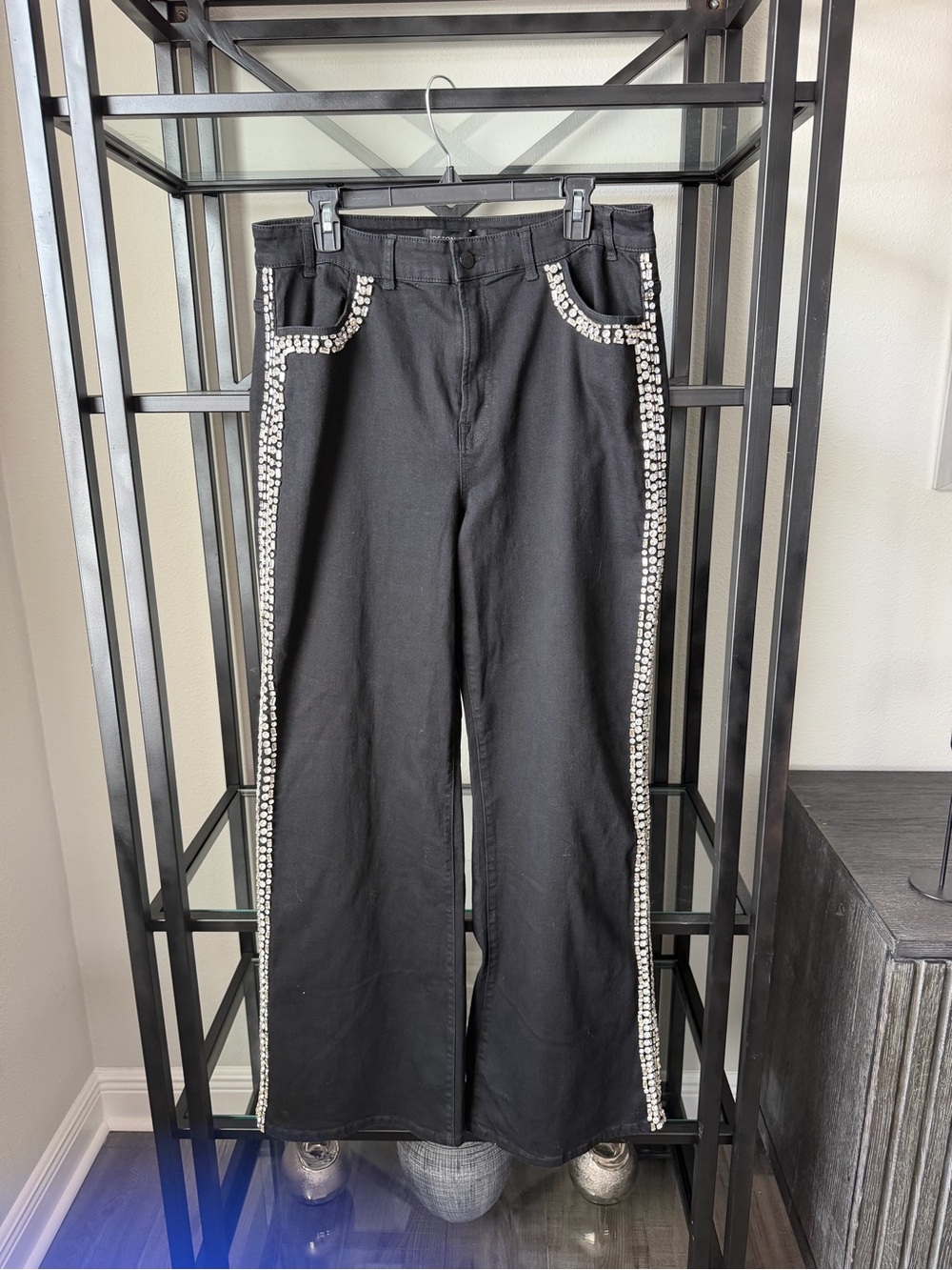 Boston Proper Black Wide-Leg Jeans with Crystal Trim